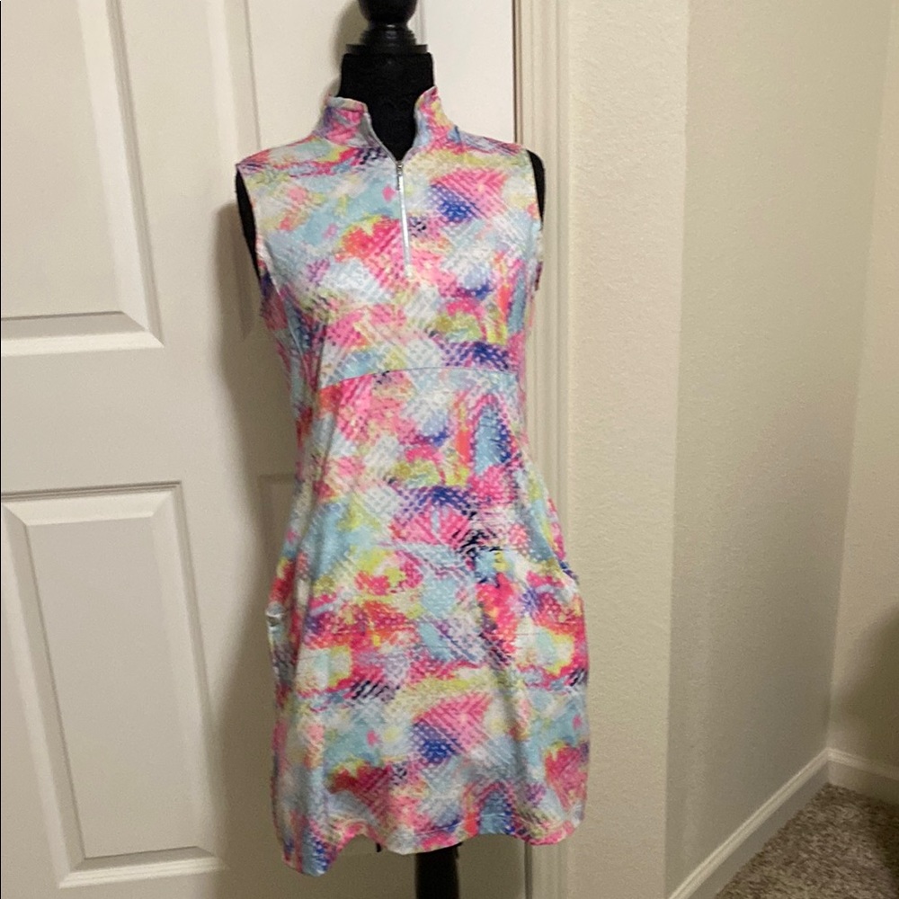 Multicolored Sleeveless Mini Dress with Mock Neck